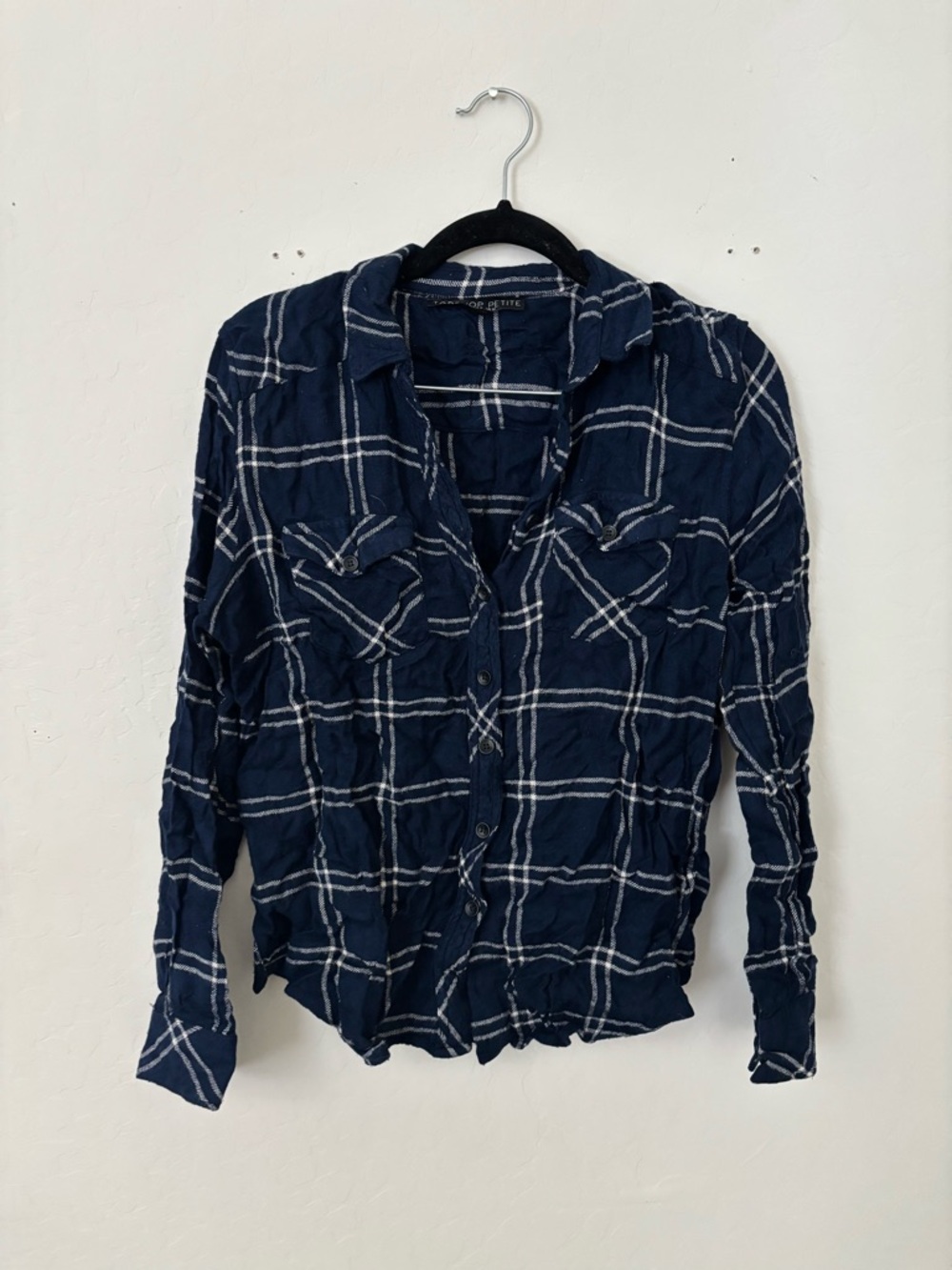 Topshop PETITE Navy Plaid Button-Down Shirt